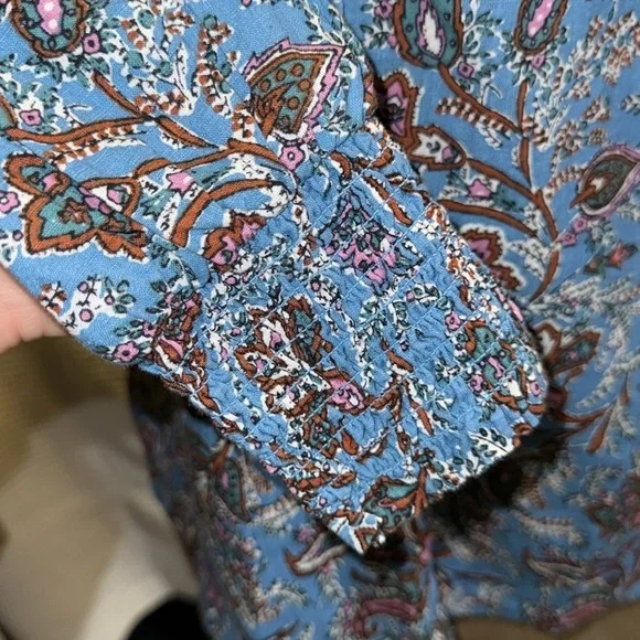 LOFT Blue Paisley Ruffle Yoke Blouse Size Small Button Front - Picture 6 of 12